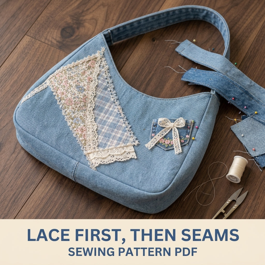 Lace Patchwork Denim Shoulder Bag Sewing Pattern PDF – Upcycled Jeans Bag with Lace