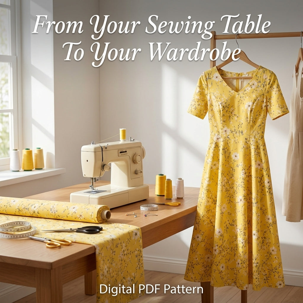 Midi Dress Sewing Pattern — Fitted V-Neck Dress with Flared Skirt and Side Pockets, Sizes XS–3XL, A0 and A4 Layered PDF