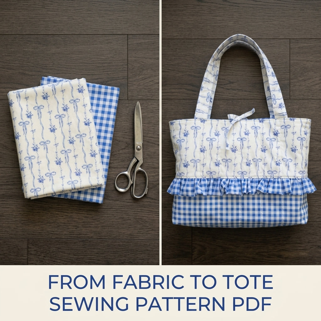 Bow Print Ruffle Tote Sewing Pattern PDF – Blue and White Gingham Bag