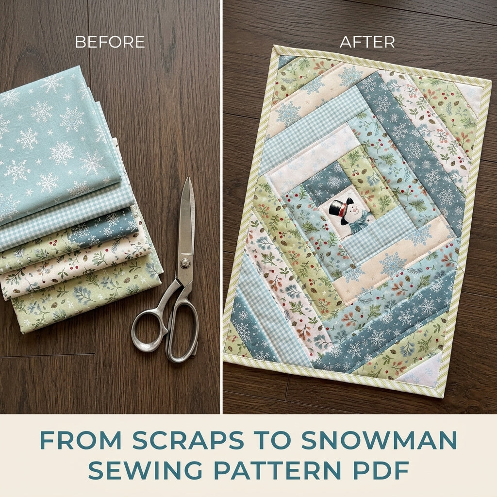 Snowman Log Cabin Placemat Sewing Pattern PDF – Winter Snowman Quilted Placemat