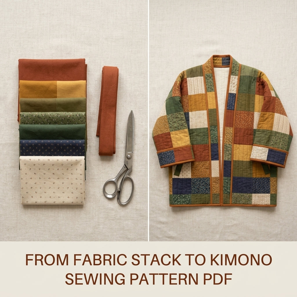 Quilted Kimono Jacket Sewing Pattern PDF – Patchwork Kimono Wrap with Wide Sleeves and Band Collar