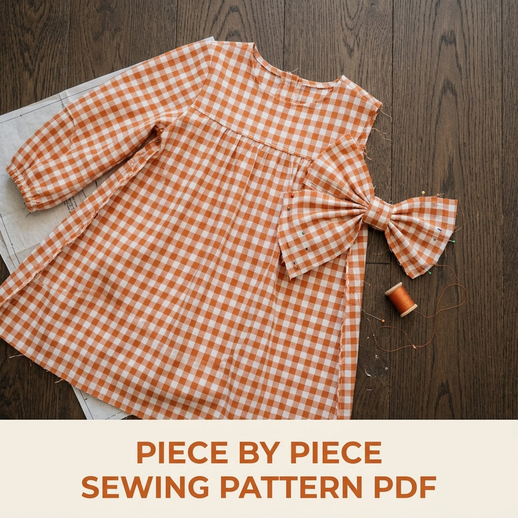 Girls Gingham Bow Dress Sewing Pattern PDF – Gingham Dress with Big Bow