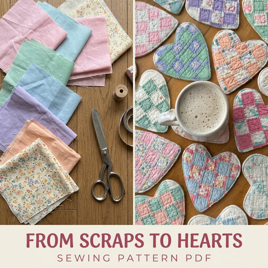 Patchwork Heart Coasters Sewing Pattern PDF – Quilted Heart Mug Rugs from Scraps