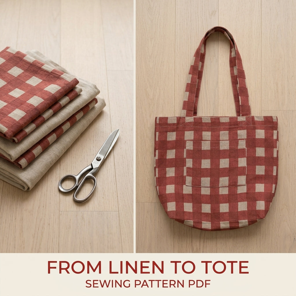 Gingham Tote Bag Sewing Pattern PDF – Linen Tote with Patch Pocket