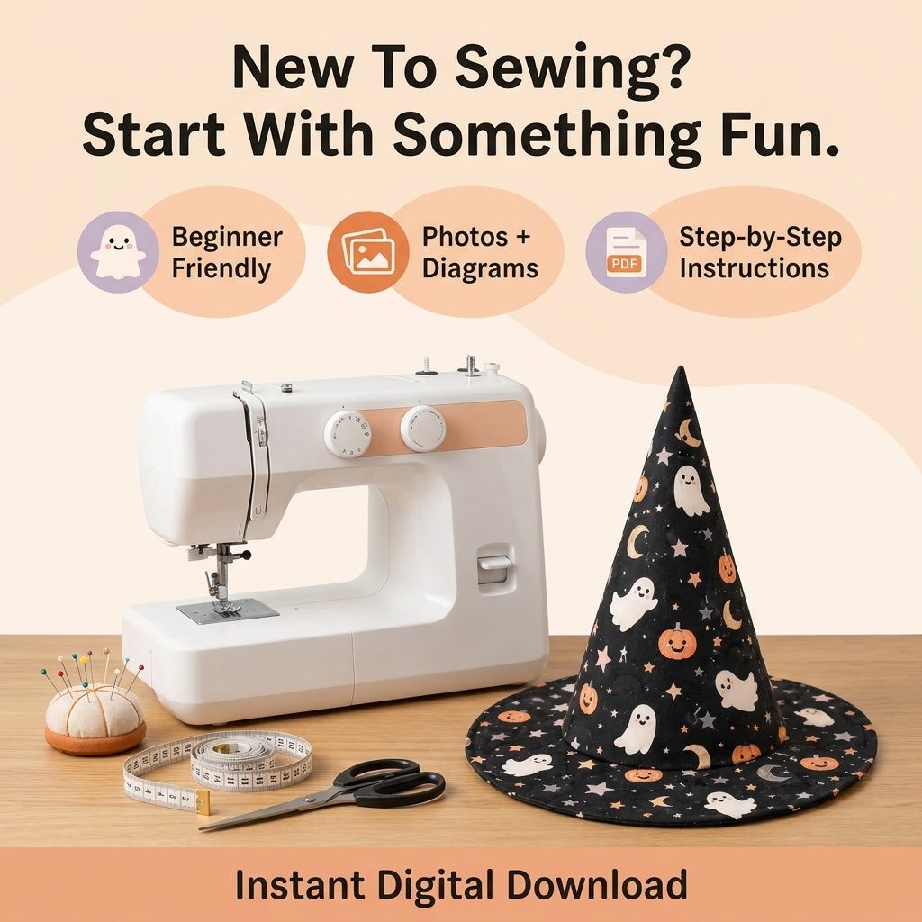 Quilted Witch Hat Table Topper PDF Sewing Pattern | Free-Standing Halloween Centrepiece with Bendy Tip | Black Cat Patchwork | Instant Download