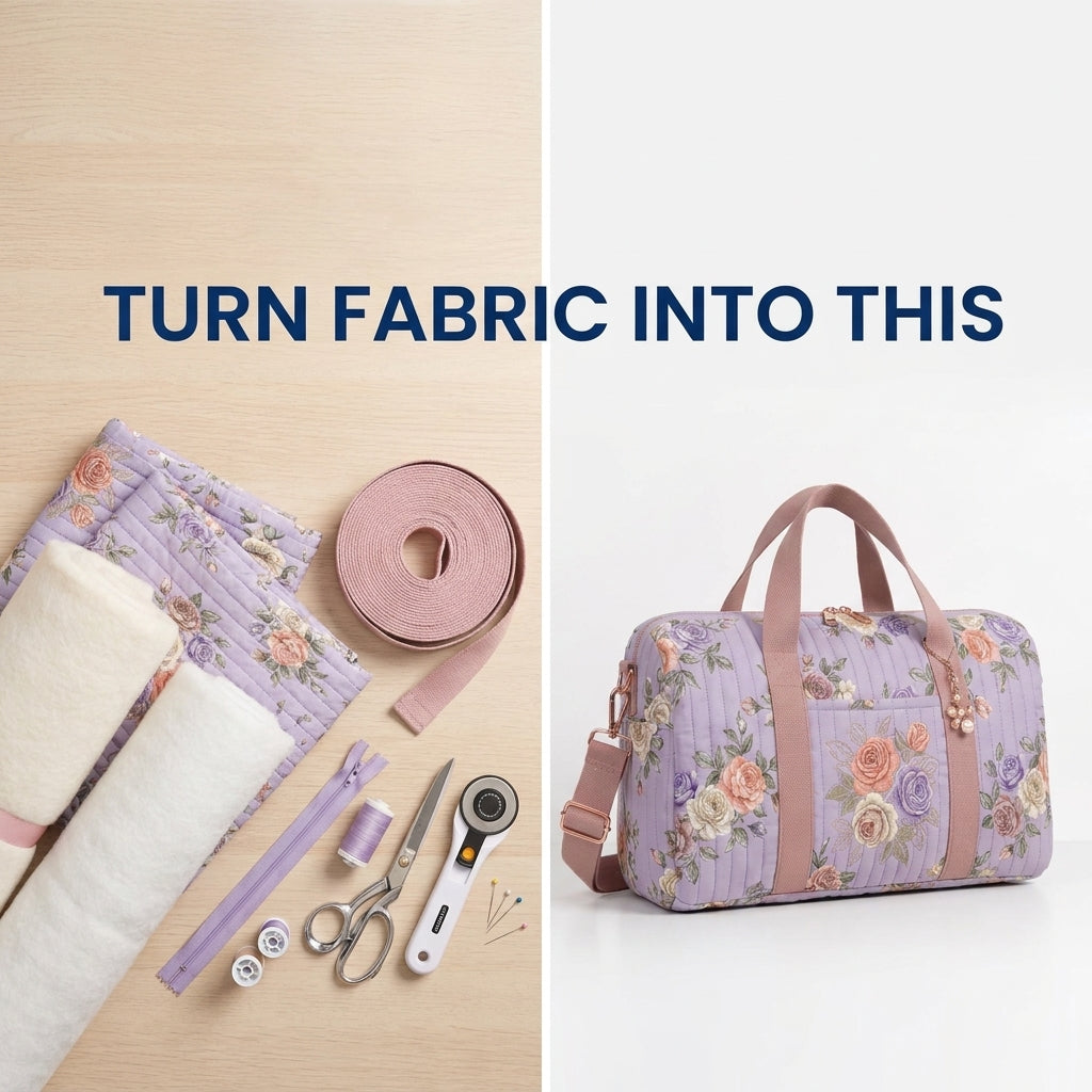 Quilted Duffle Bag Sewing Pattern — Weekender with Detachable Strap and Side Pockets, PDF Download