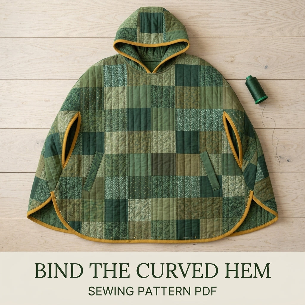 Quilted Poncho Sewing Pattern PDF – Hooded Patchwork Pullover Poncho with Arm Slits and Bias Binding