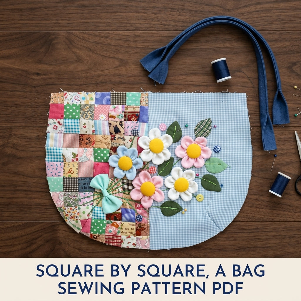 Half Patchwork Flower Tote Sewing Pattern PDF – Half Moon Bag with 3D Flowers
