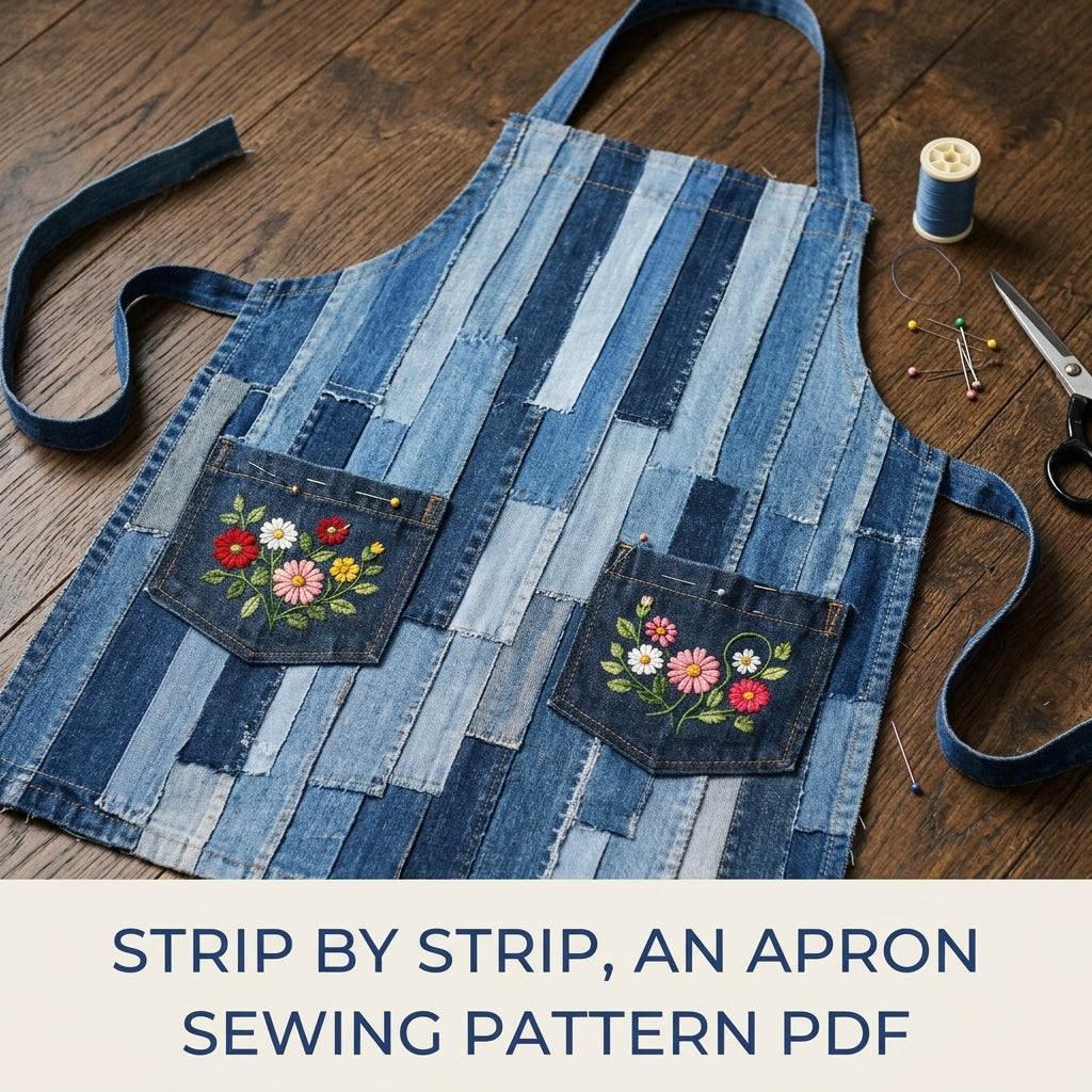 Denim Strip Patchwork Apron Sewing Pattern PDF – Upcycled Jeans Kitchen Apron