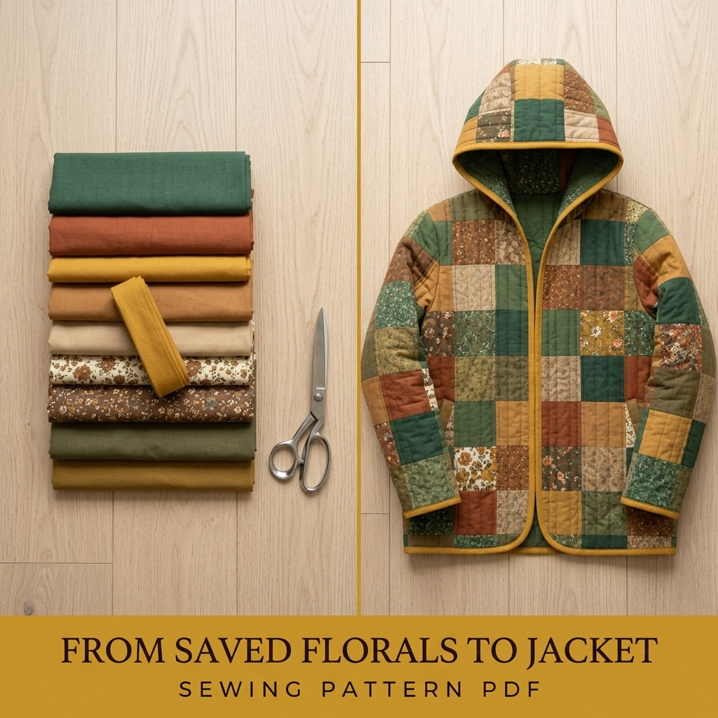 Hooded Quilted Jacket Sewing Pattern PDF – Patchwork Liner Jacket with Vintage Florals and Bias Binding