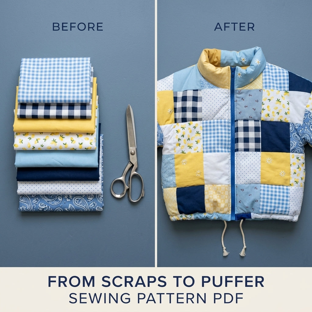 Patchwork Puffer Jacket Sewing Pattern PDF – Cropped Quilted Scrap Puffer Coat