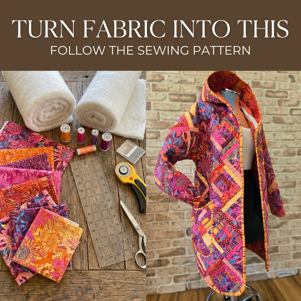 Quilt Coat Sewing Pattern — Longline Hooded Patchwork Coat with Bound Edges, Sizes XS–3XL, A0 and A4 PDF