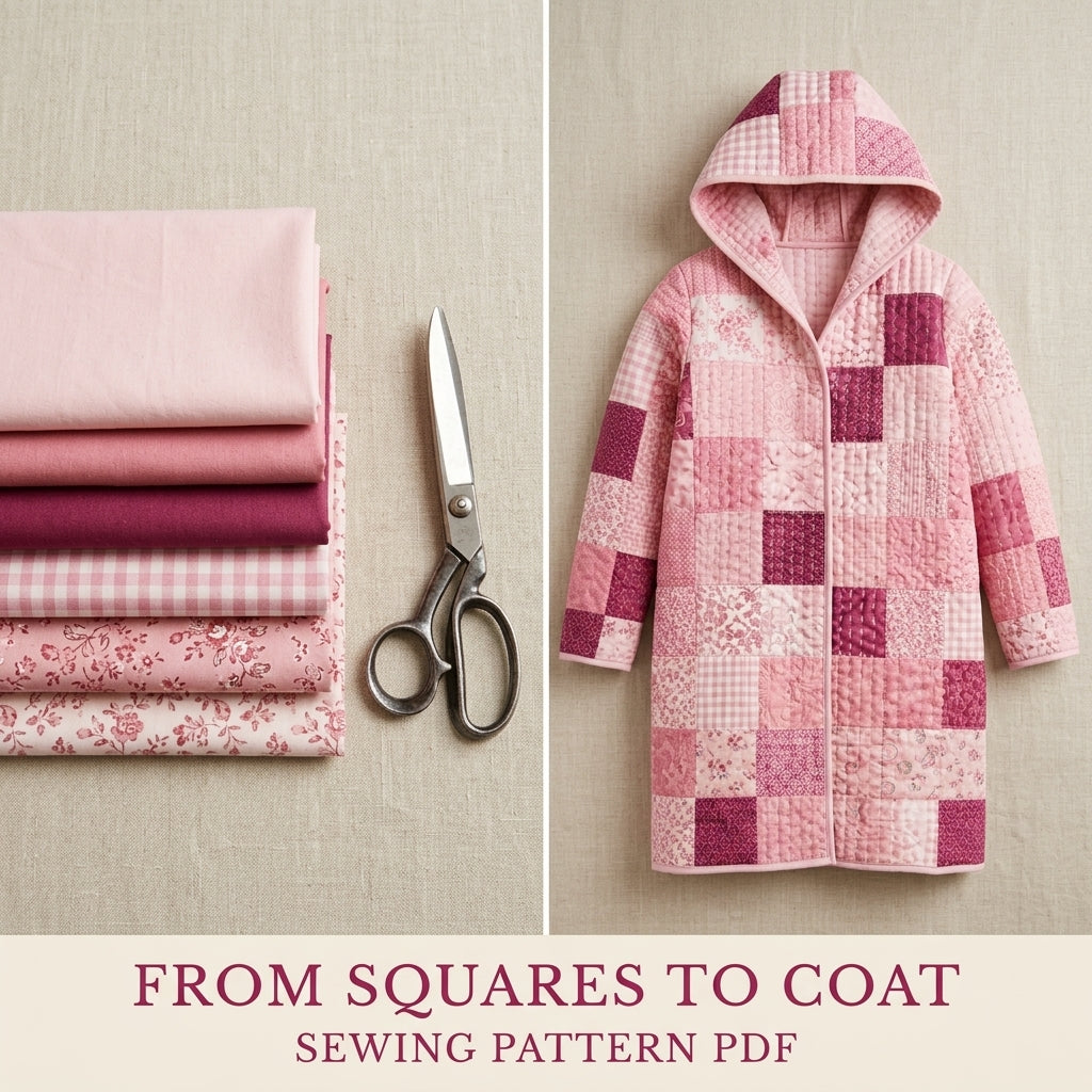 Pink Patchwork Hooded Quilt Coat Sewing Pattern PDF – Long Quilted Coat