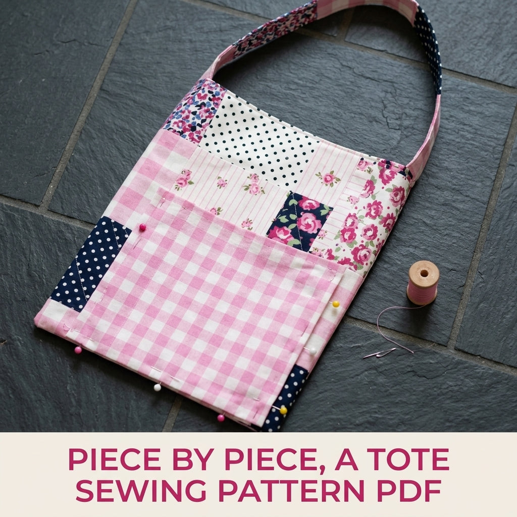 Pink Patchwork Pocket Tote Sewing Pattern PDF – Floral Tote with Gingham Pocket
