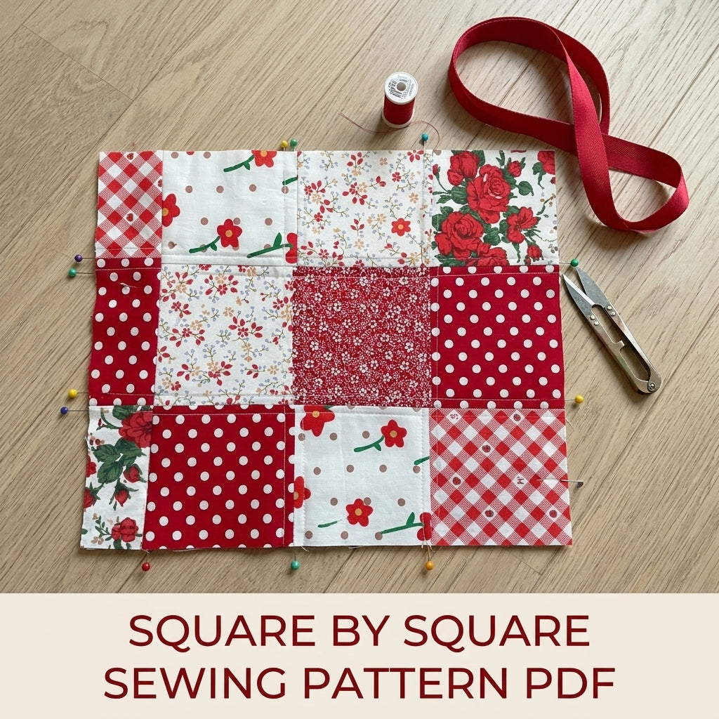 Red Patchwork Tote Sewing Pattern PDF – Easy Nine Patch Tote Bag