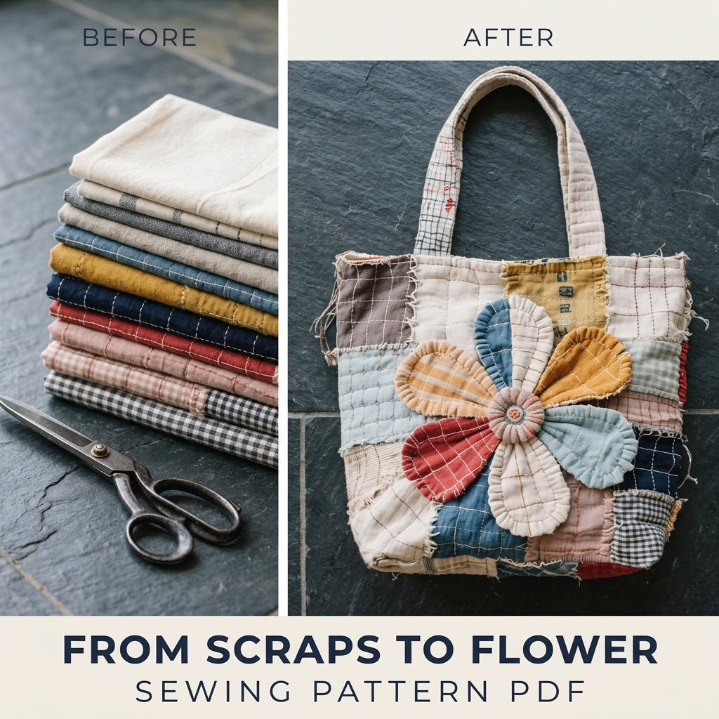 Big Flower Rag Patchwork Tote Sewing Pattern PDF – Slow Stitch Scrap Bag