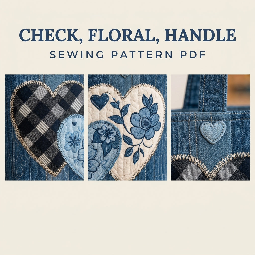 Denim Hearts Quilted Tote Sewing Pattern PDF – Upcycled Jeans Bag with Heart Appliqué