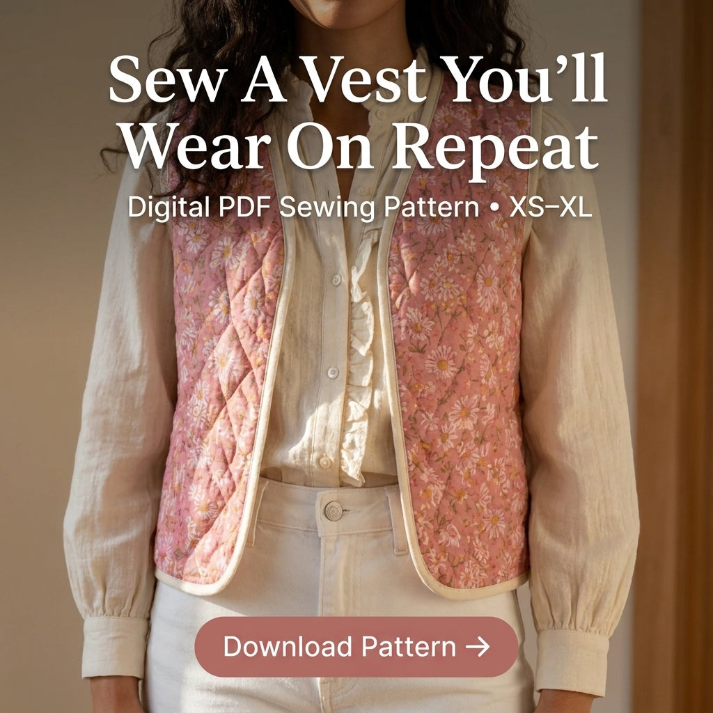 Quilted Vest Sewing Pattern — Reversible Bound-Edge Waistcoat, Sizes XS–3XL, A0 and A4 Layered PDF