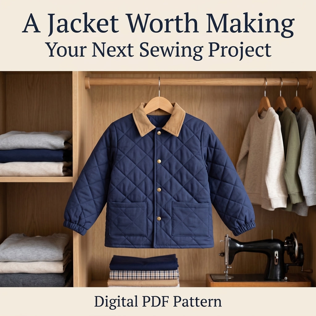 Classic Quilted Jacket Sewing Pattern for Kids – Corduroy Collar, Snap Front – Sizes 2–12 – PDF