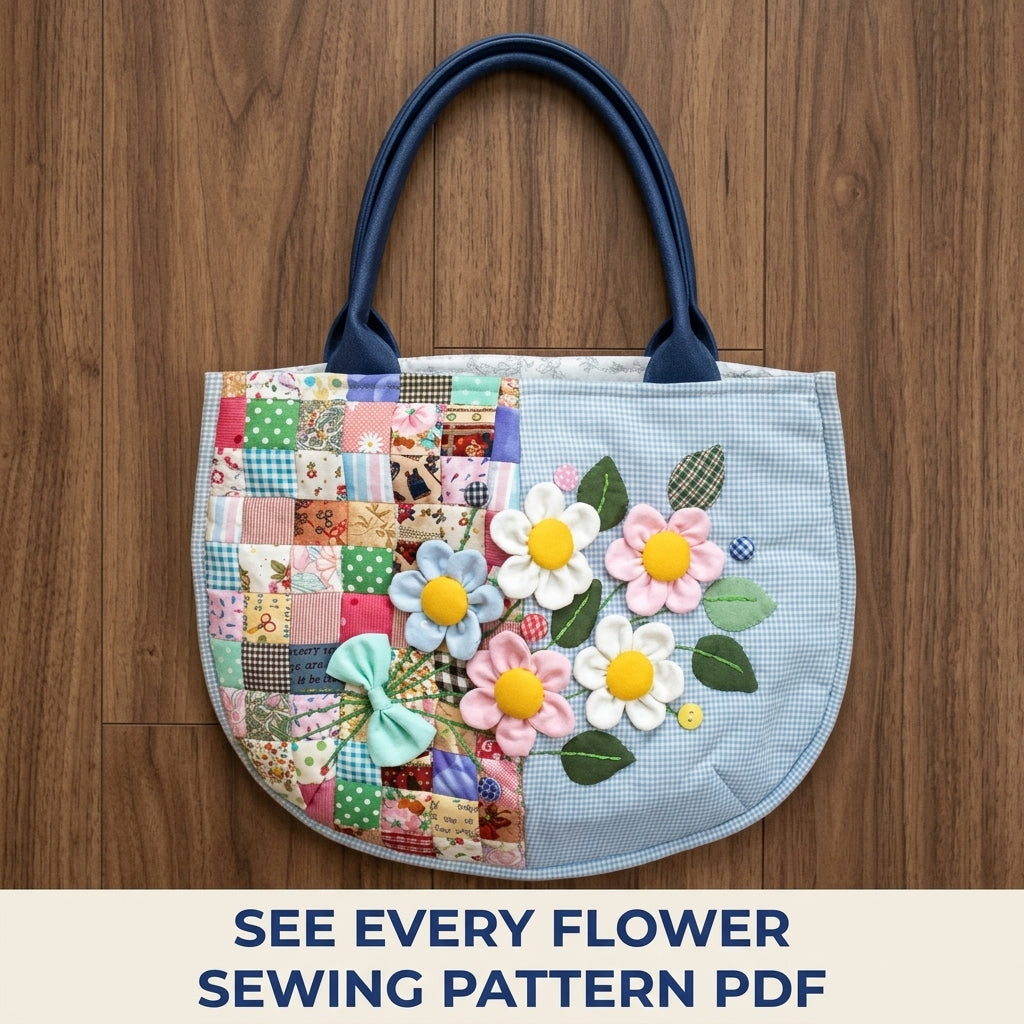 Half Patchwork Flower Tote Sewing Pattern PDF – Half Moon Bag with 3D Flowers