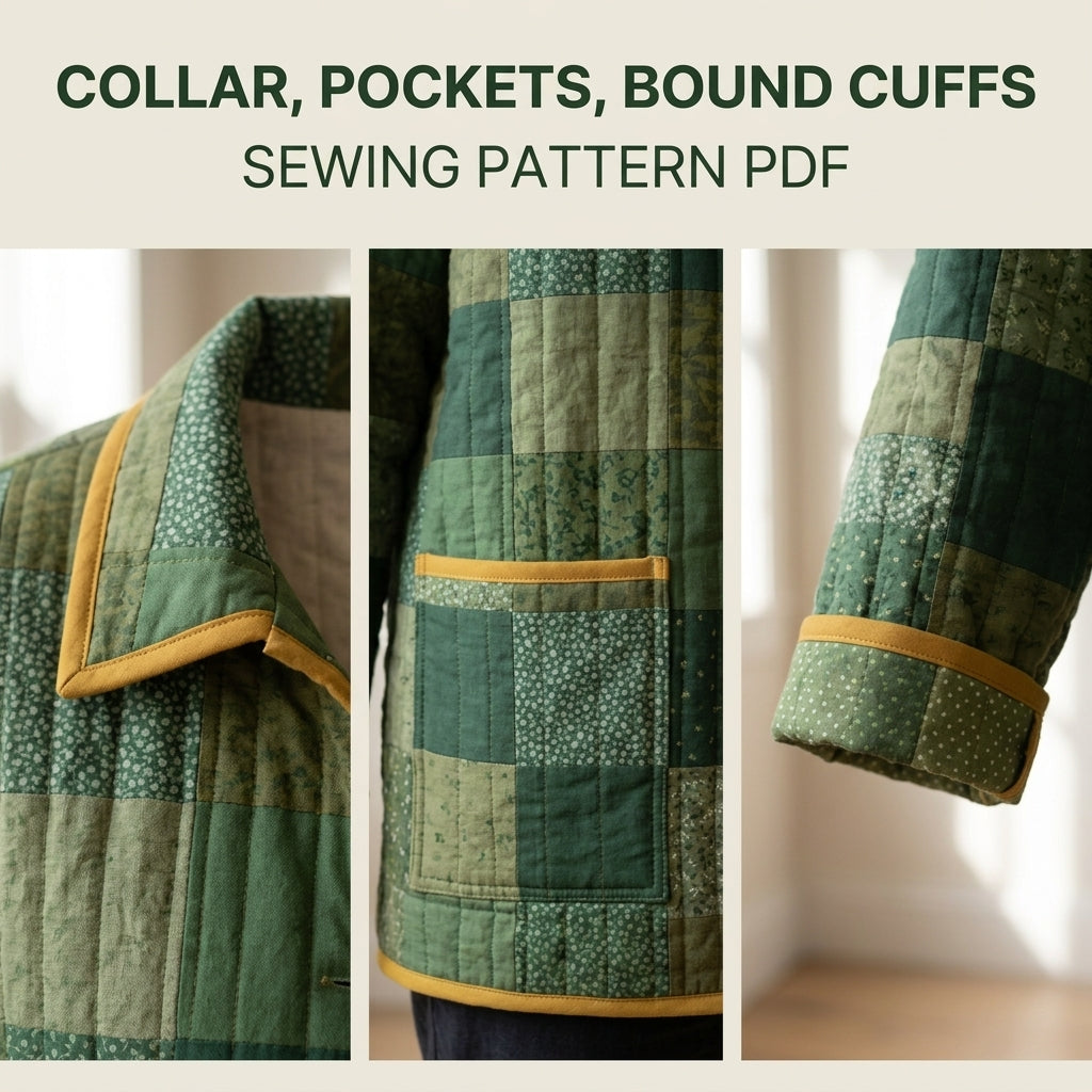 Quilted Patchwork Chore Coat Sewing Pattern PDF – Boxy Hip-Length Quilt Coat with Collar and Patch Pockets