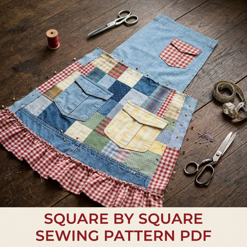 Denim Patchwork Ruffle Apron Sewing Pattern PDF – Upcycled Jeans Apron