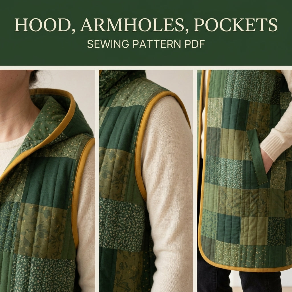 Quilted Patchwork Vest Sewing Pattern PDF – Long Hooded Quilt Vest with Pockets and Bias Binding