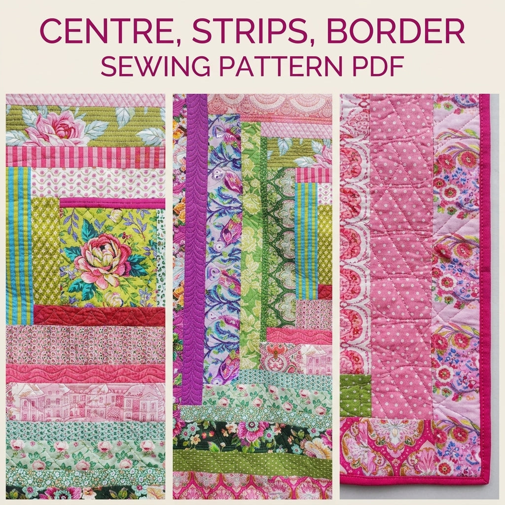 Pink Rose Log Cabin Medallion Quilt Pattern PDF – Big Strip Quilt for Large Prints