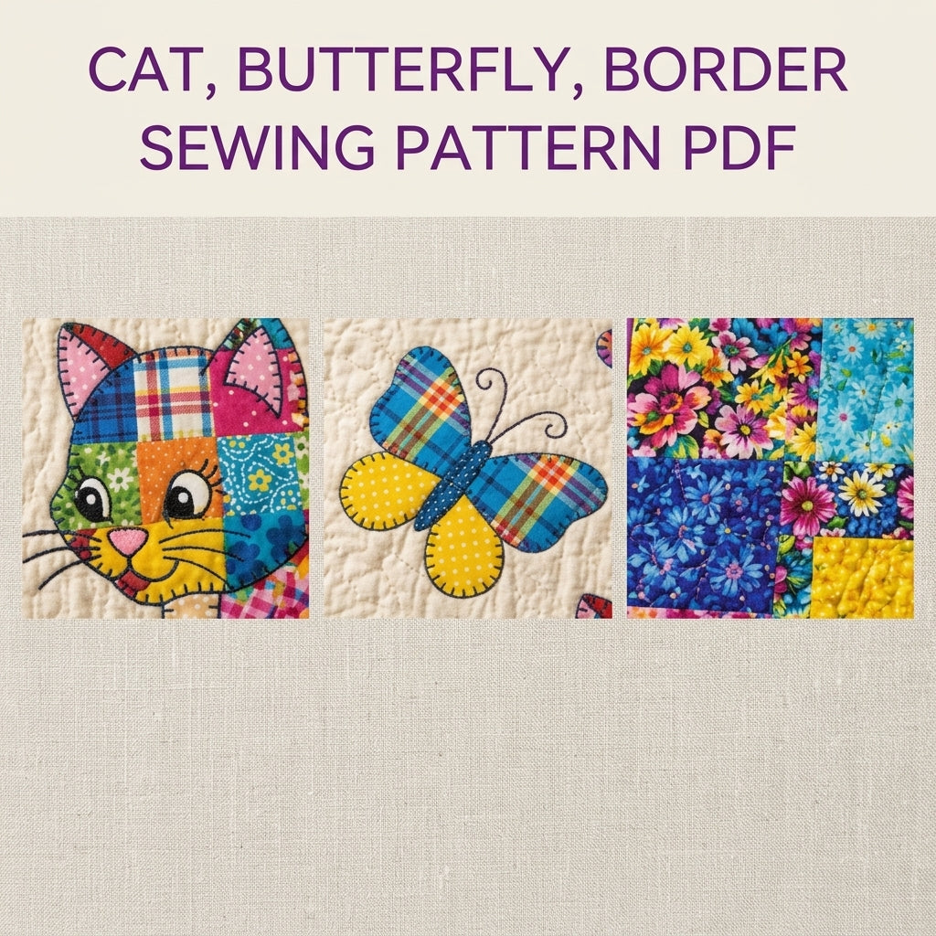 Patchwork Cat and Butterflies Quilt Sewing Pattern PDF – Scrappy Appliqué Quilt