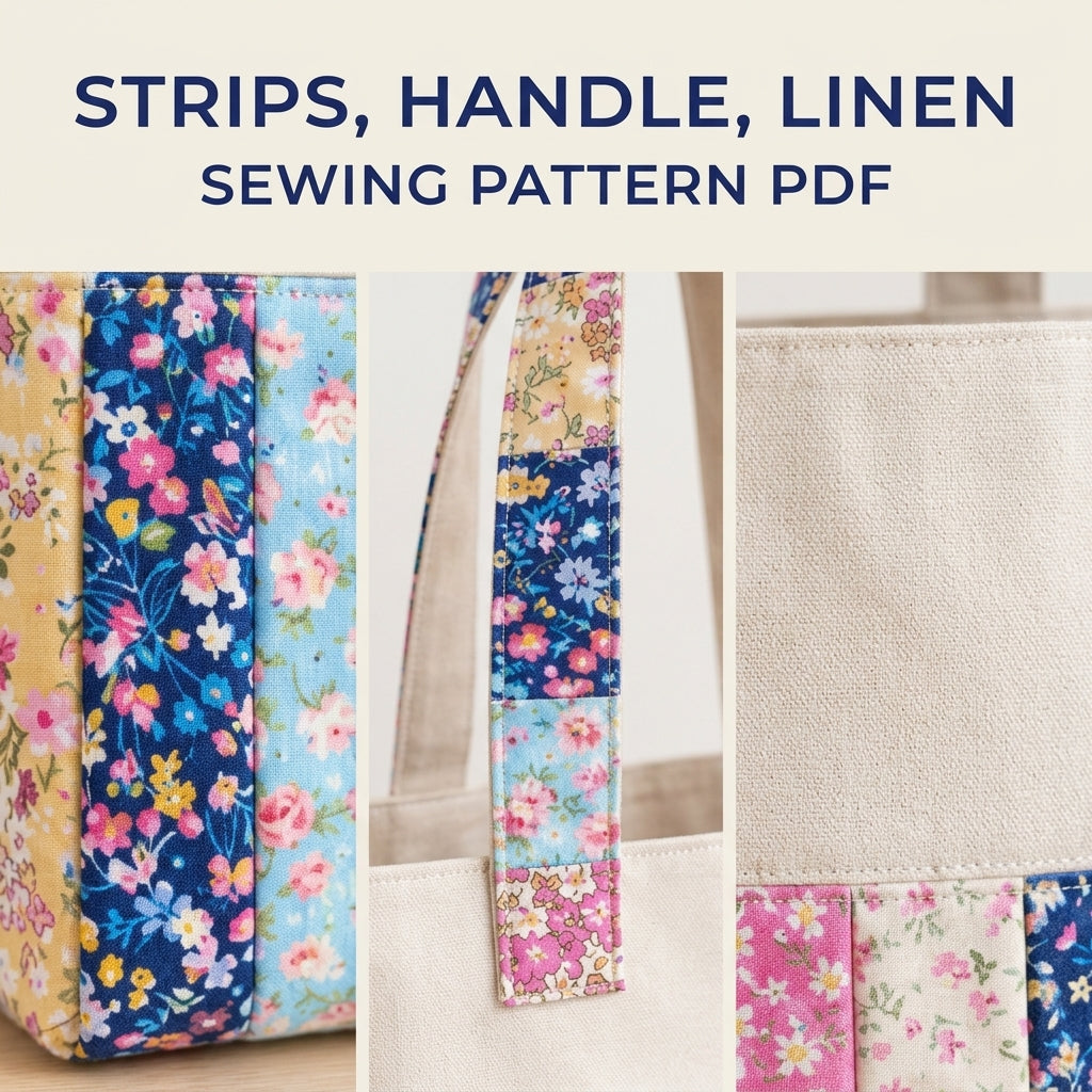 Floral Strip Linen Tote Sewing Pattern PDF – Scrappy Patchwork Tote Bag