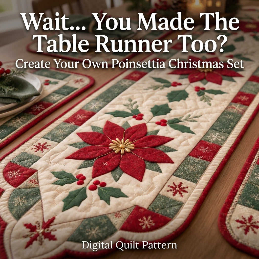 Poinsettia Christmas Table Runner & Placemats Quilt Pattern | Appliqué Runner Plus 4 Placemats | Scandinavian Holiday Table Set | PDF Instant Download