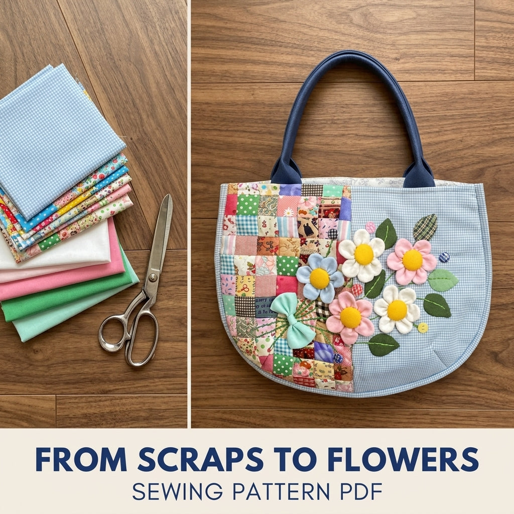 Half Patchwork Flower Tote Sewing Pattern PDF – Half Moon Bag with 3D Flowers
