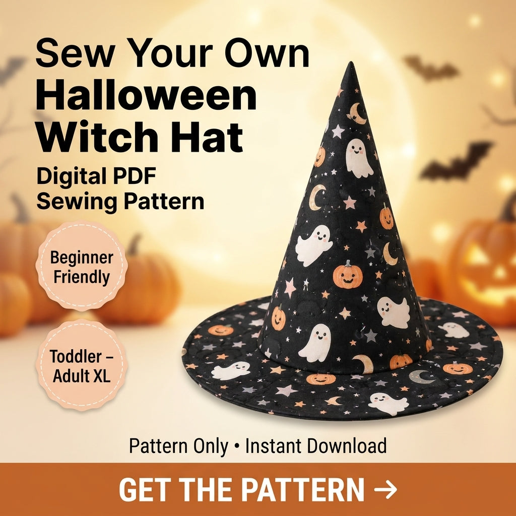 Quilted Witch Hat Table Topper PDF Sewing Pattern | Free-Standing Halloween Centrepiece with Bendy Tip | Black Cat Patchwork | Instant Download