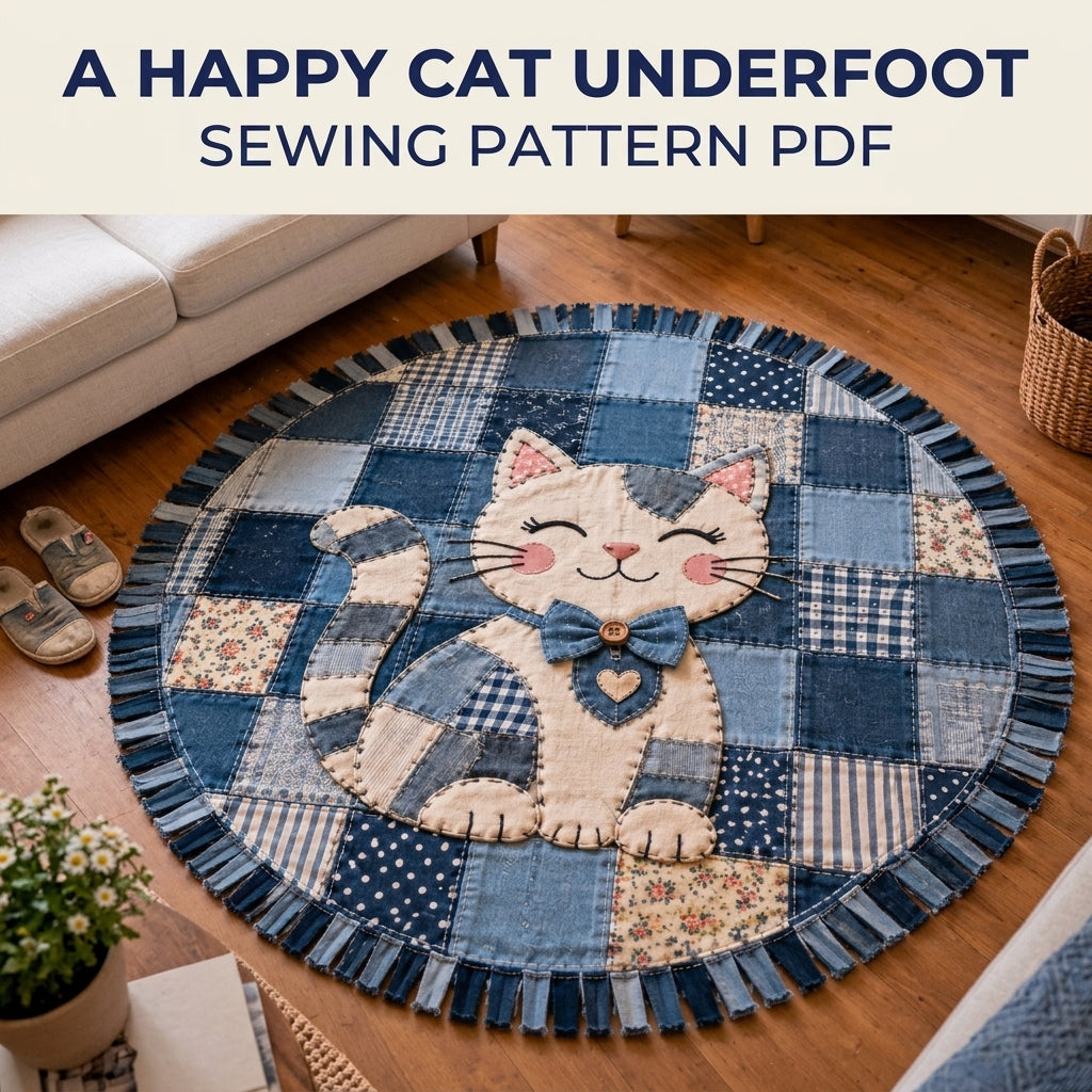 Denim Patchwork Cat Round Rug Sewing Pattern PDF – Upcycled Jeans Cat Rug