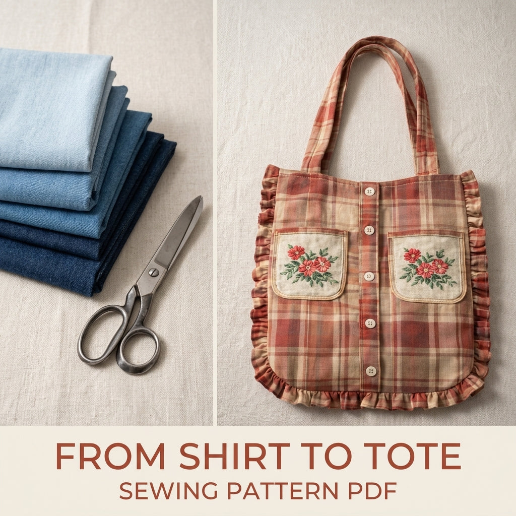 Ruffled Shirt Tote Sewing Pattern PDF – Upcycled Shirt Bag with Embroidered Pockets