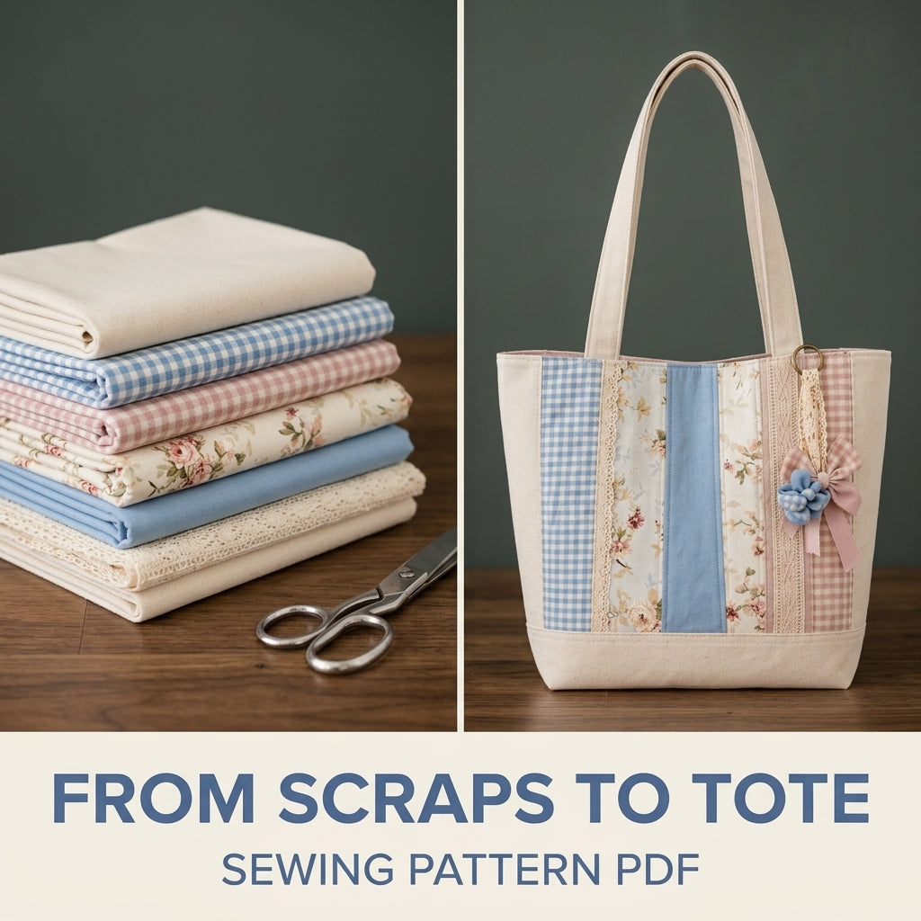 Lace Strip Patchwork Tote Sewing Pattern PDF – Cottage Tote with Gingham and Florals