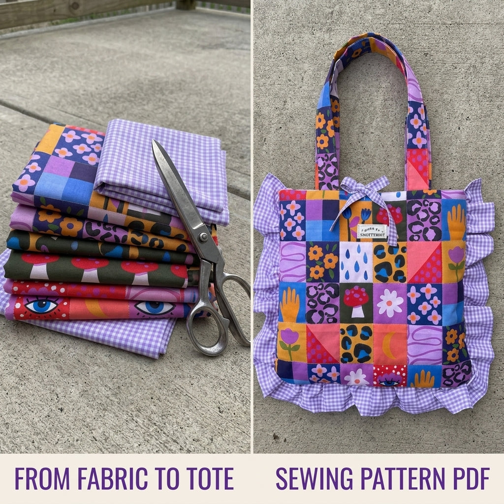 Ruffled Patchwork Print Tote Sewing Pattern PDF – Square Tote Bag with Gingham Ruffle