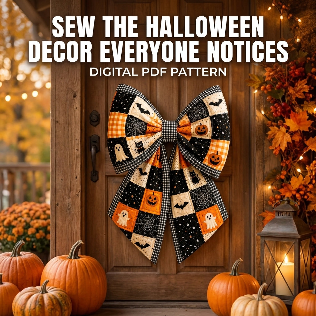 Quilted Door Bow Sewing Pattern — Oversized Patchwork Bow Hanger for Halloween, 2 Sizes, PDF Download