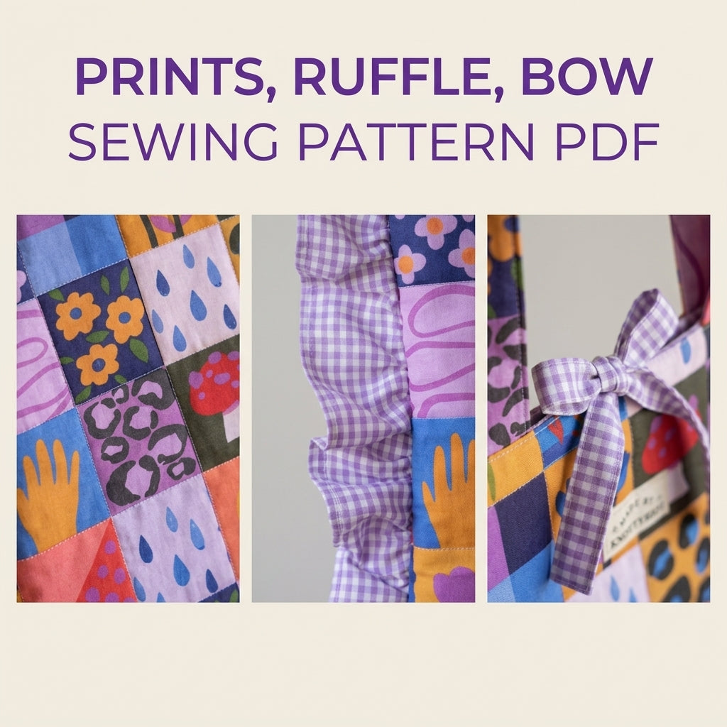 Ruffled Patchwork Print Tote Sewing Pattern PDF – Square Tote Bag with Gingham Ruffle