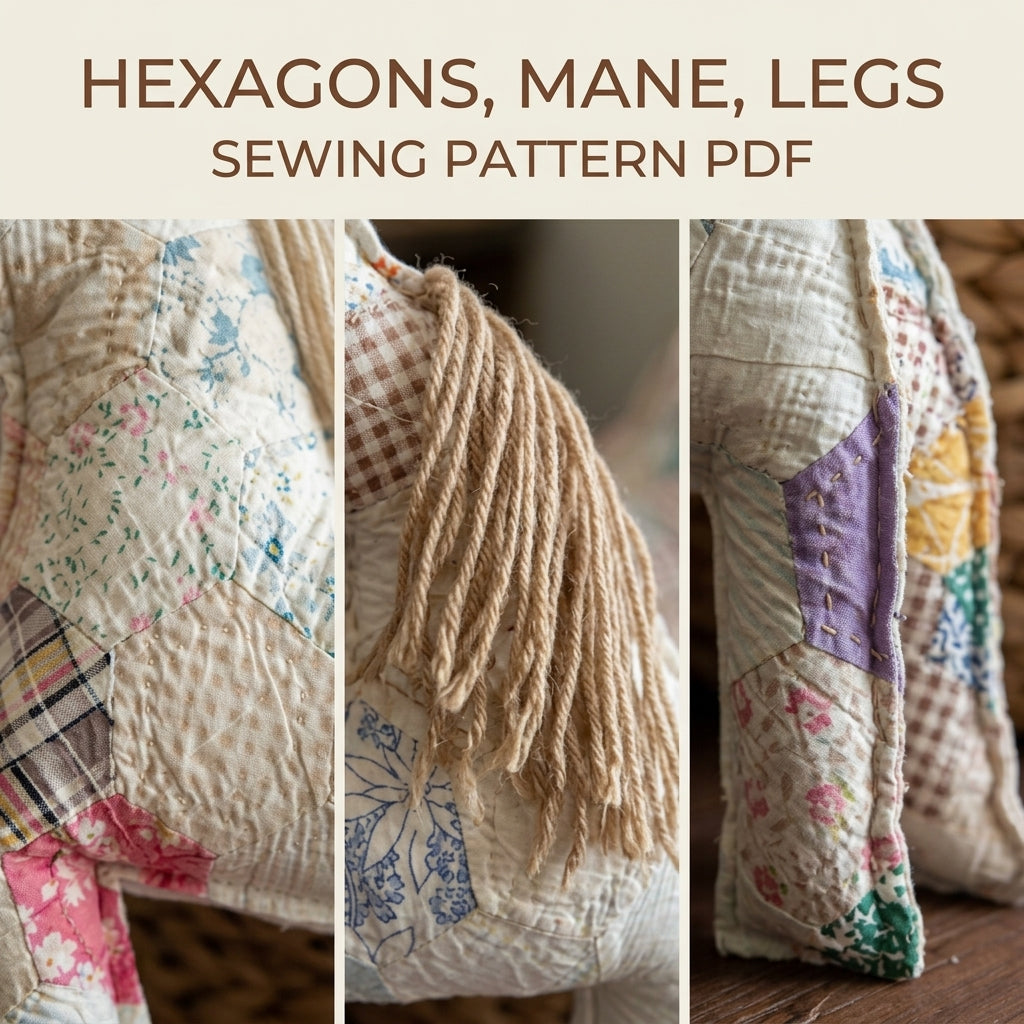 Patchwork Quilt Horse Sewing Pattern PDF – Stuffed Horse from Old Quilt Scraps
