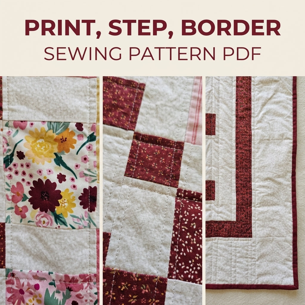 Burgundy Steps Squares Quilt Sewing Pattern PDF – Big Print Squares with Stepping Cornerstones