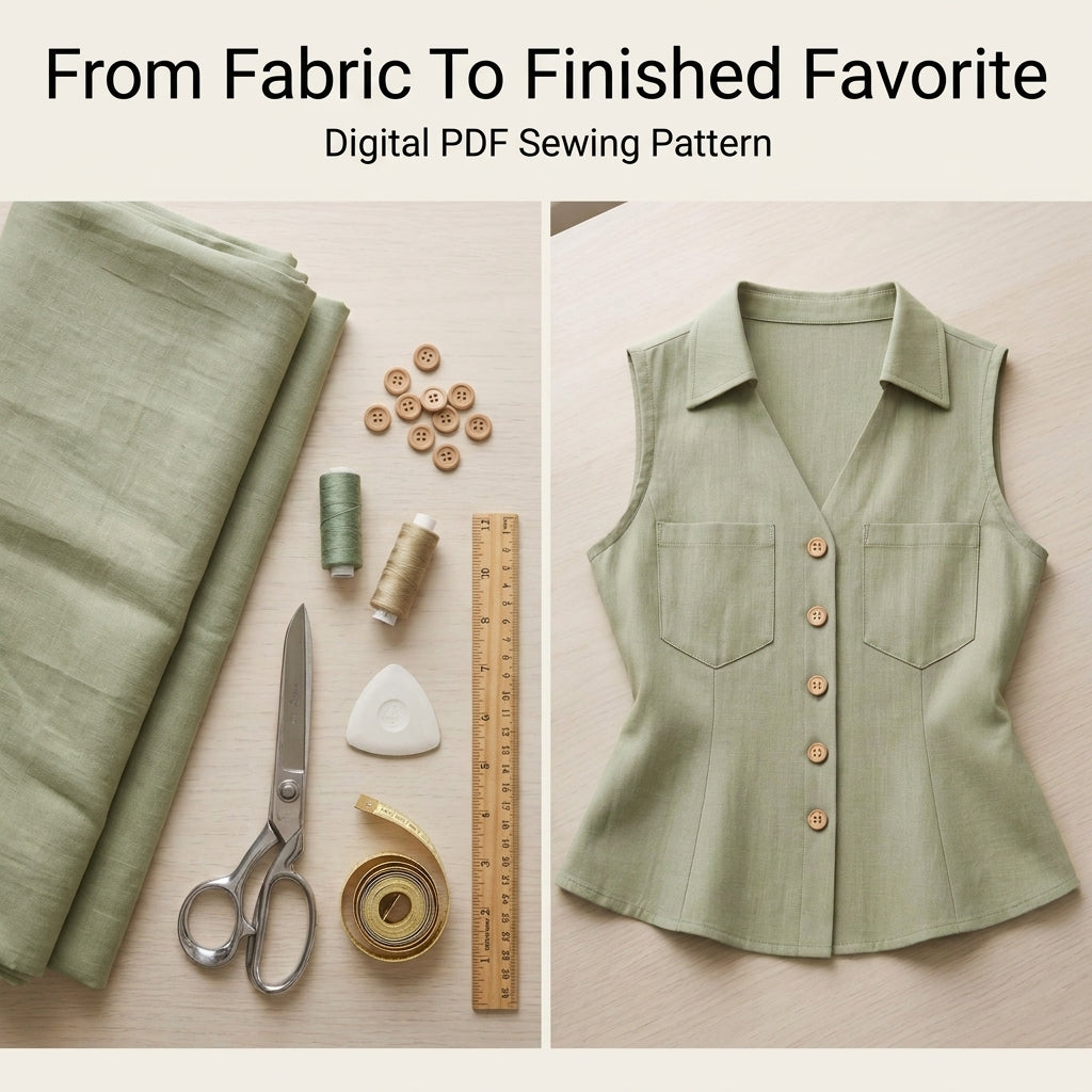 Sleeveless Linen Shirt Top Sewing Pattern — Fitted Button-Front Blouse with Patch Pockets, Sizes XS–3XL, A0 and A4 Layered PDF