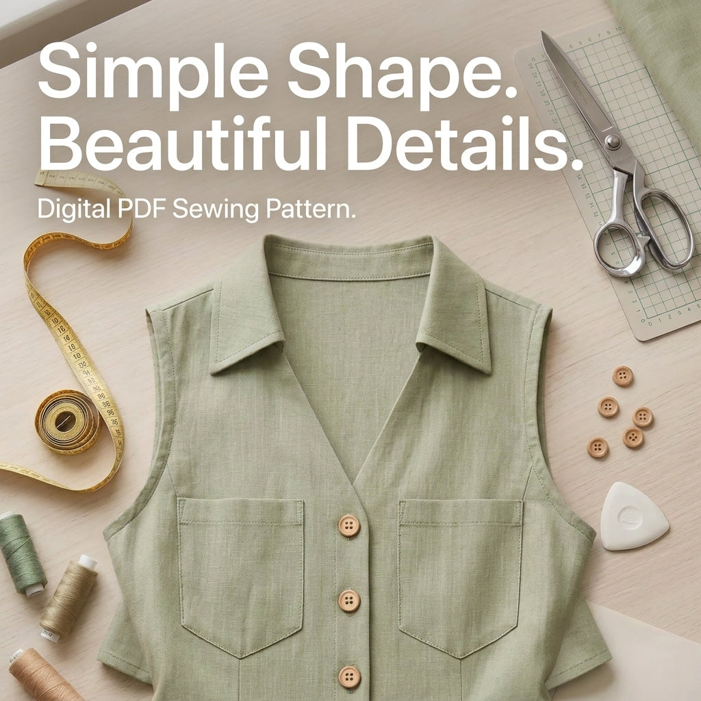 Sleeveless Linen Shirt Top Sewing Pattern — Fitted Button-Front Blouse with Patch Pockets, Sizes XS–3XL, A0 and A4 Layered PDF