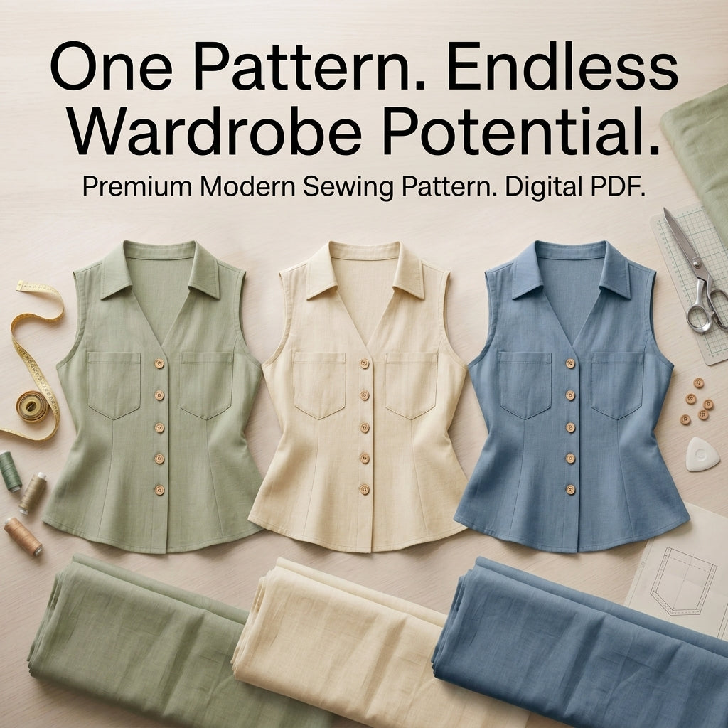 Sleeveless Linen Shirt Top Sewing Pattern — Fitted Button-Front Blouse with Patch Pockets, Sizes XS–3XL, A0 and A4 Layered PDF