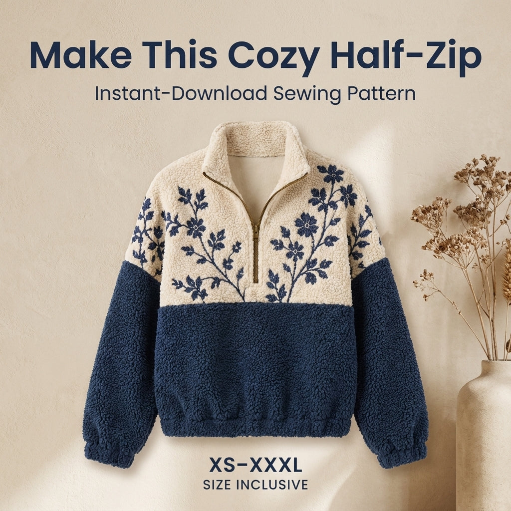 Half-Zip Sweatshirt Sewing Pattern — Colour-Block Sherpa Pullover with Stand Collar, Sizes XS–3XL, A0 and A4 Layered PDF