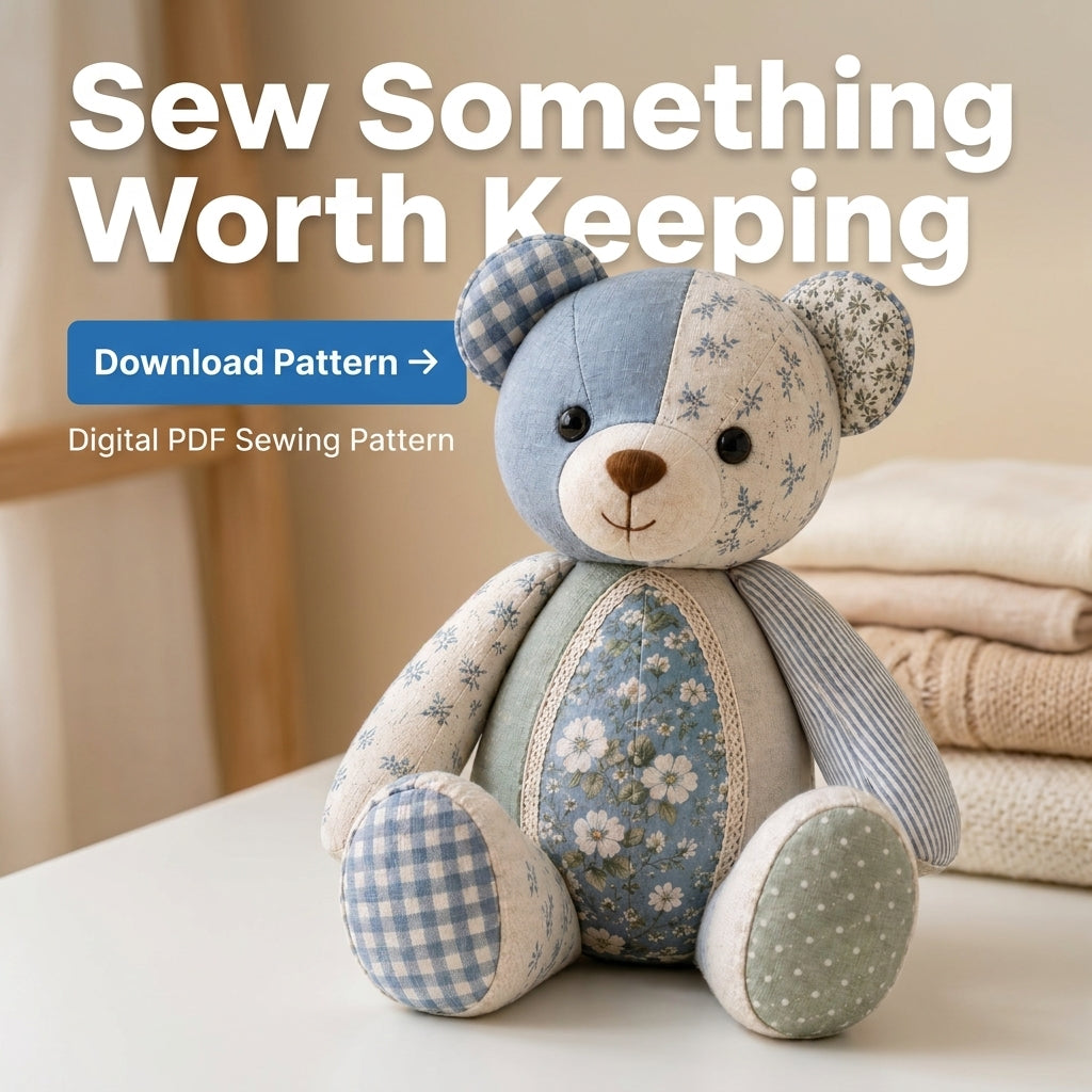 Memory Bear Sewing Pattern — Patchwork Teddy Made From Keepsake Fabrics, Full-Size Templates, PDF Download