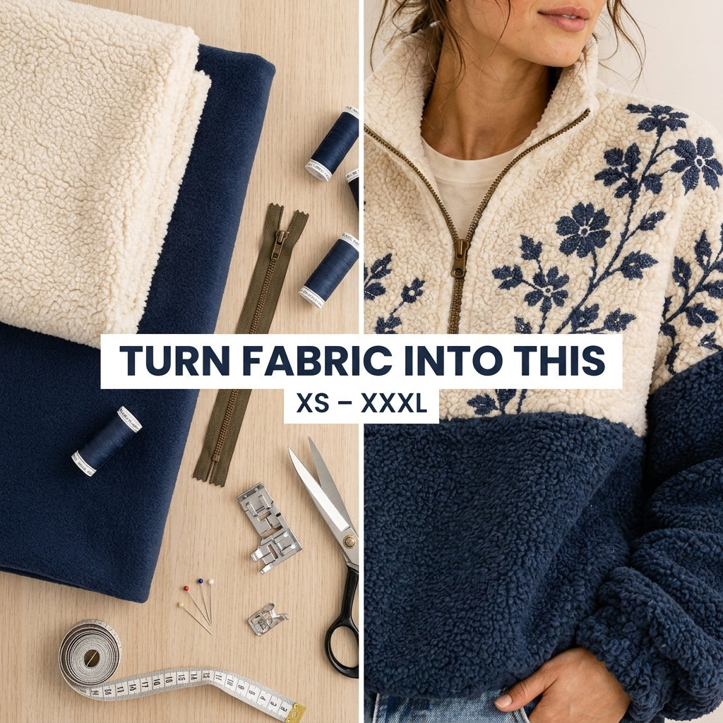 Half-Zip Sweatshirt Sewing Pattern — Colour-Block Sherpa Pullover with Stand Collar, Sizes XS–3XL, A0 and A4 Layered PDF