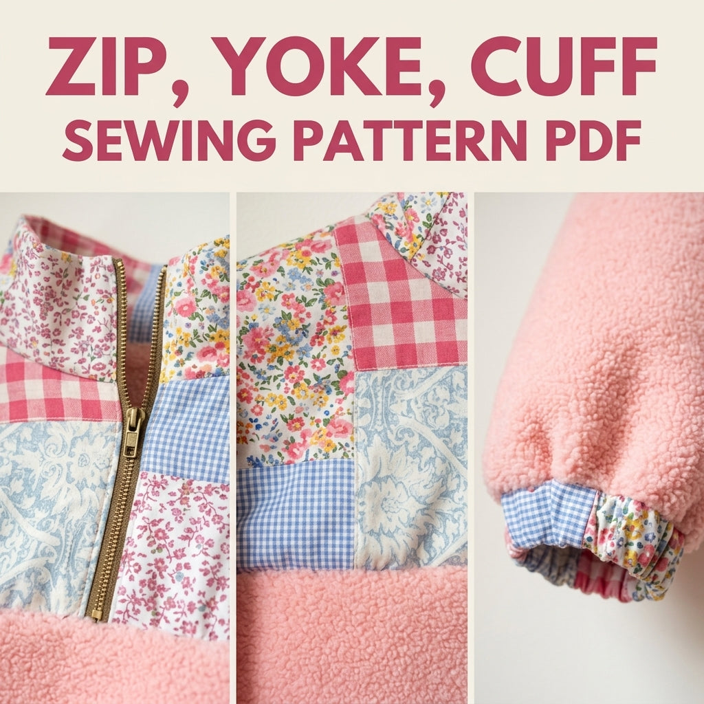 Patchwork Sherpa Half-Zip Pullover Sewing Pattern PDF – Gingham and Floral Yoke Sweater