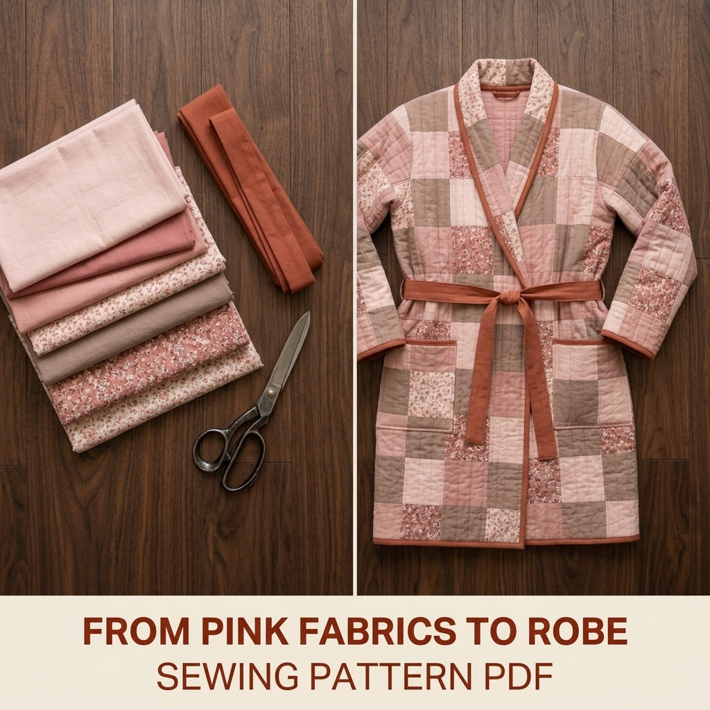 Quilted Robe Sewing Pattern PDF – Patchwork Wrap Robe with Shawl Collar and Pockets