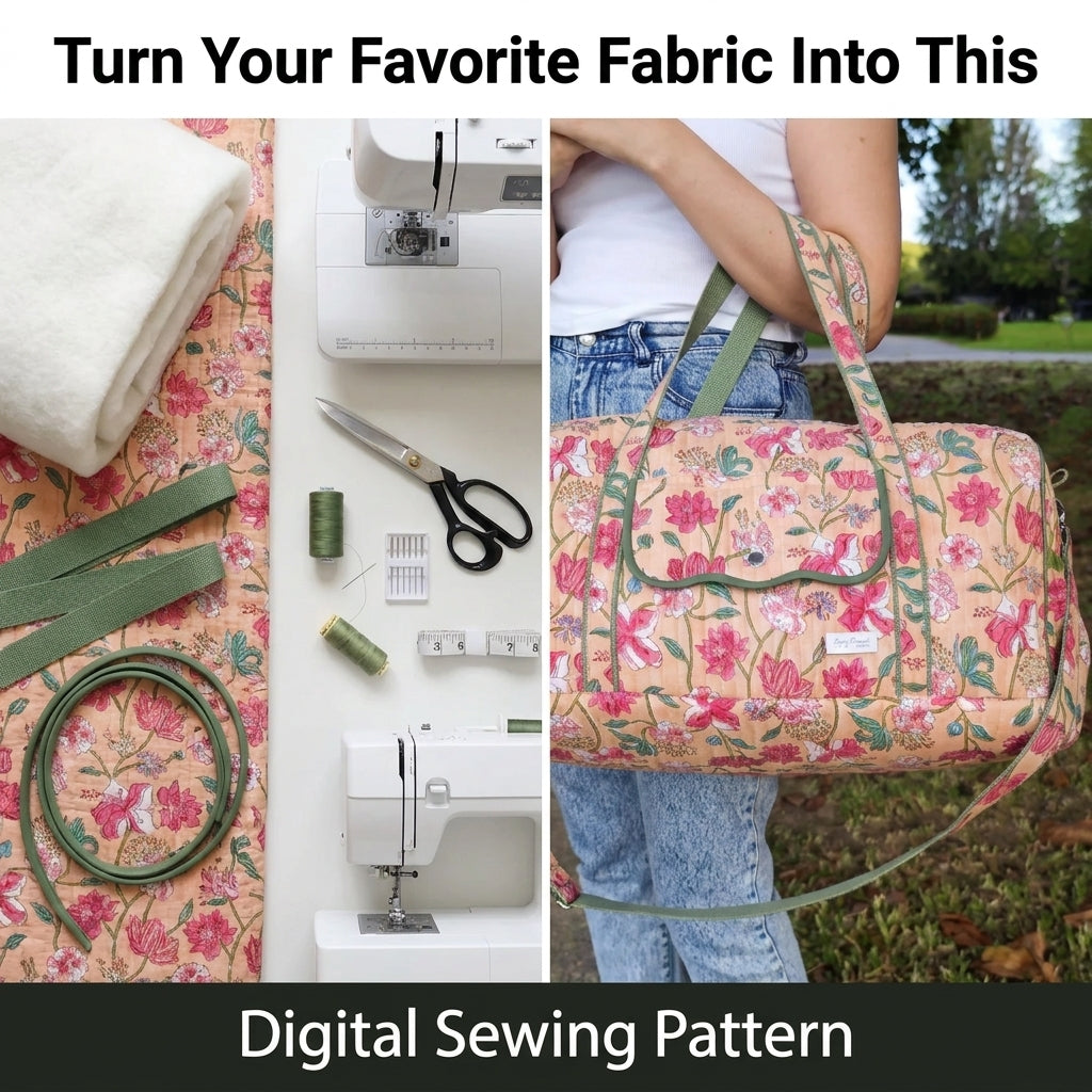 Quilted Duffle Bag Sewing Pattern — Weekender with Front Flap Pocket, Video Tutorial, English and French, A0 and A4 PDF